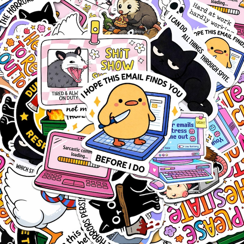 a collage of various cartoon-style stickers and illustrations, including a cartoon duck holding a knife, a cat, and other whimsical elements. The image does not contain any text that can be described in fewer than 500 characters.