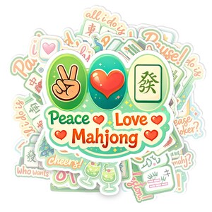 The image is a collage of various stickers and illustrations, including a peace sign, a heart, and a mahjong tile. The collage is surrounded by additional stickers and illustrations, creating a visually rich and diverse composition.