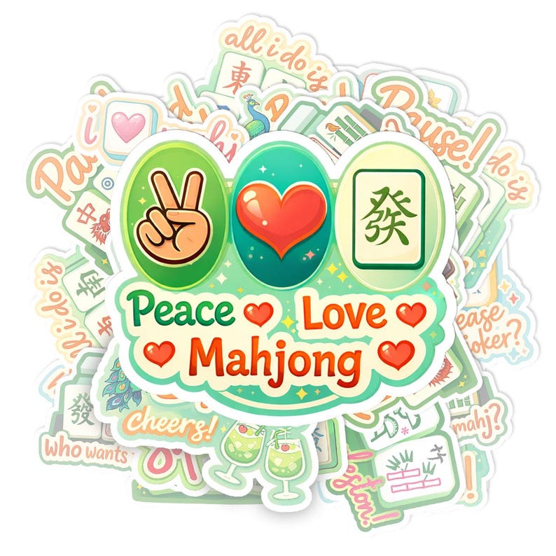 The image is a collage of various stickers and illustrations, including a peace sign, a heart, and a mahjong tile. The collage is surrounded by additional stickers and illustrations, creating a visually rich and diverse composition.