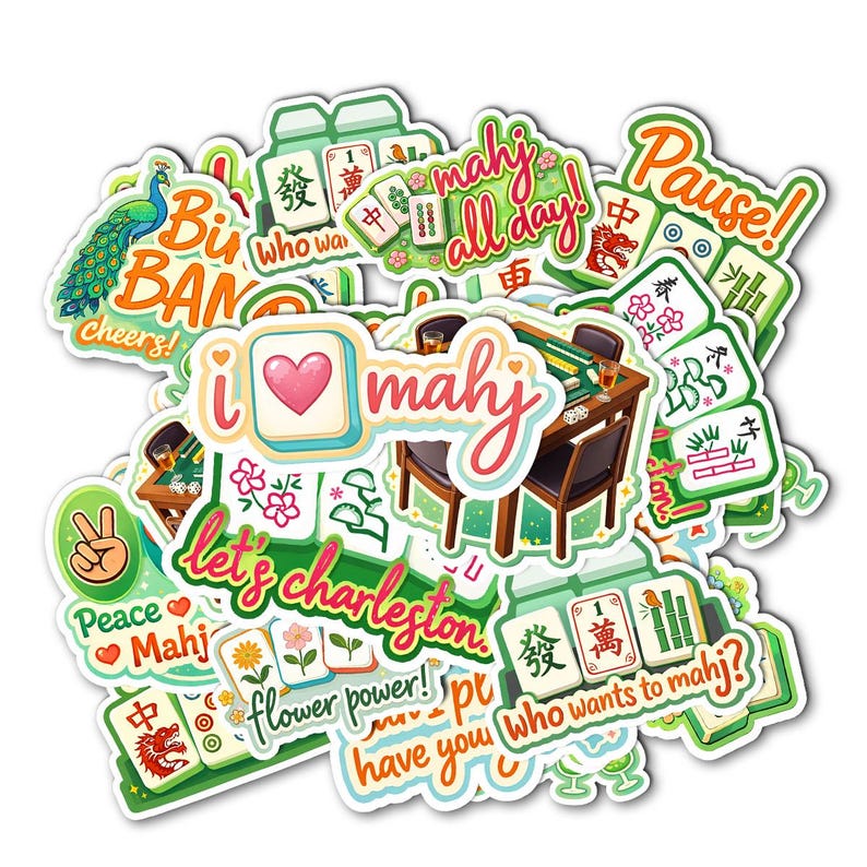 The image is a collage of various colorful stickers and illustrations, including a peacock, a table with a chair, and various text and symbols related to mahjong.