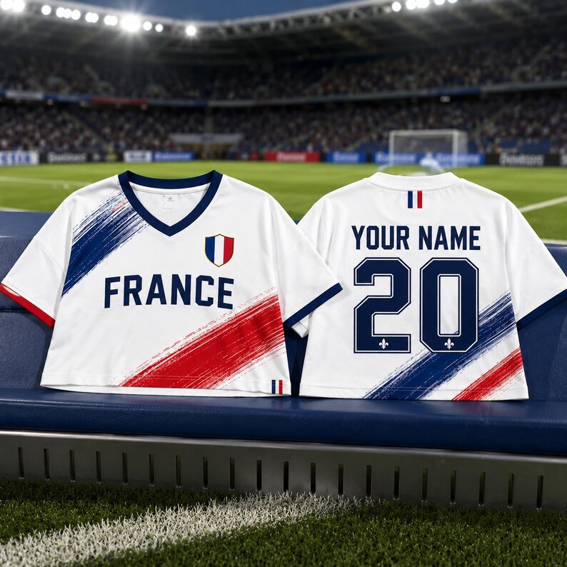 A white soccer jersey with red and blue stripes, featuring the word "FRANCE" and the number 20, is displayed on a bench in a stadium.