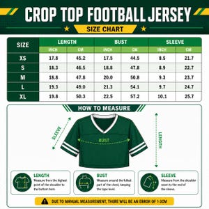 The image is a size chart for a crop top football jersey, providing measurements for different sizes such as XS, S, M, L, and XL. The chart includes icons and text to indicate the measurements for bust, sleeve, and length.