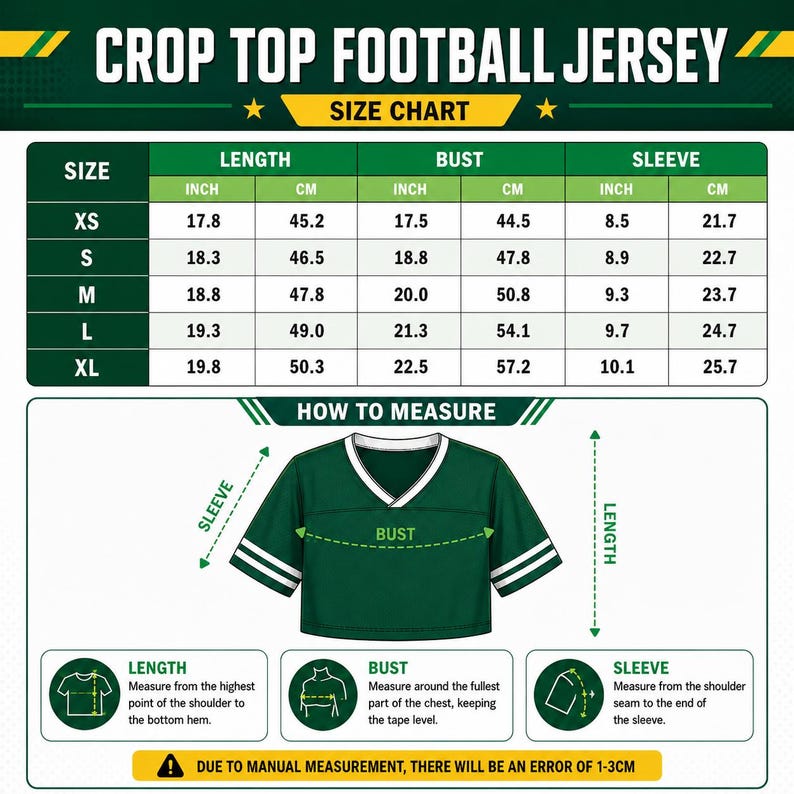 The image is a size chart for a crop top football jersey, providing measurements for different sizes such as XS, S, M, L, and XL. The chart includes icons and text to indicate the measurements for bust, sleeve, and length.
