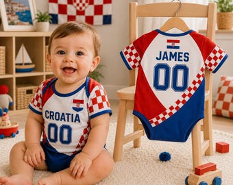 Custom Croatia Soccer Baby Bodysuit, Personalized Croatian Football Infant Outfit with Name Number, Cute Baby Fan Gift