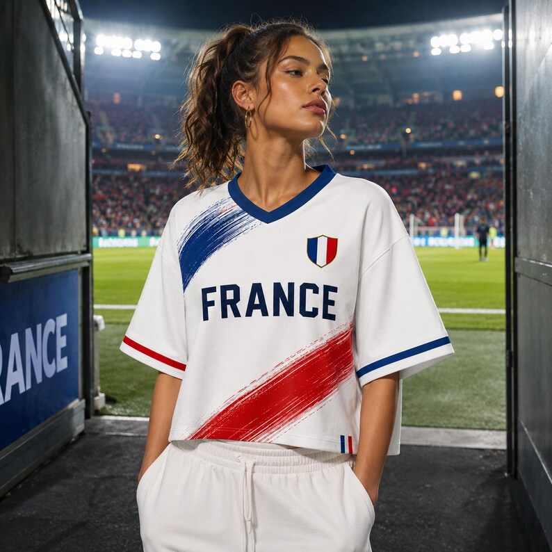 A woman wearing a white and red soccer jersey stands in a stadium, looking off to the side.