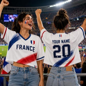 Two women wearing white and red France soccer jerseys with the number 20, celebrating enthusiastically in a stadium.