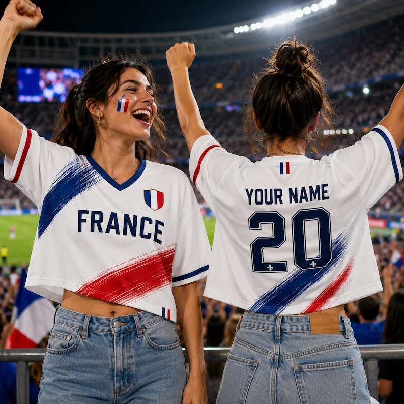 Two women wearing white and red France soccer jerseys with the number 20, celebrating enthusiastically in a stadium.