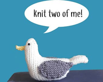 Seagull knit kit - Jeff the Gull - all you need to knit 2 gulls - cute bird knitting kit gift with free button badge!