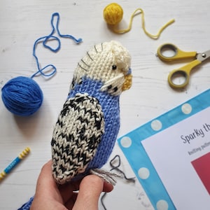 Parakeet knit kit Sparky the Budgie knit kit cute parakeet knit kit, knitting pattern, yarn and button badge Perfect budgerigar gift image 3