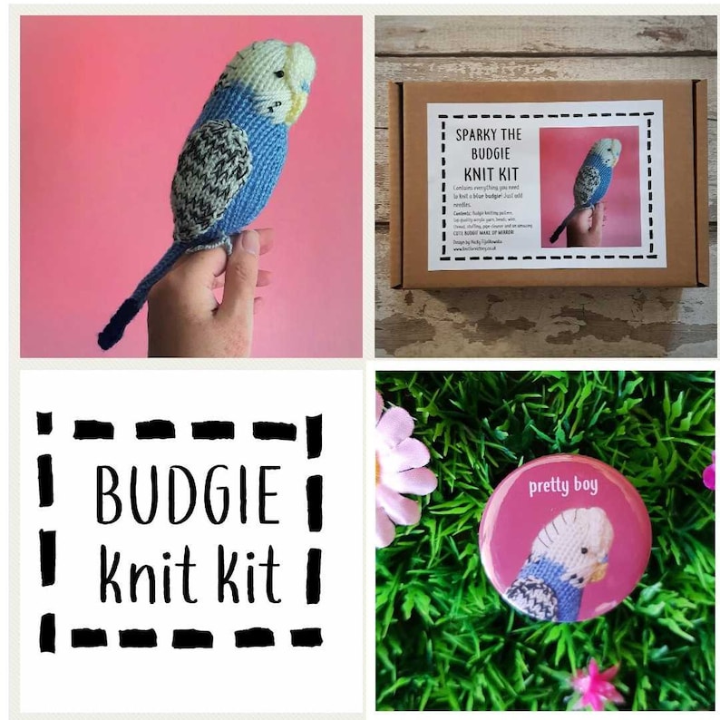 Parakeet knit kit Sparky the Budgie knit kit cute parakeet knit kit, knitting pattern, yarn and button badge Perfect budgerigar gift image 5