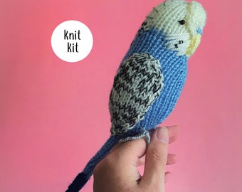 Parakeet knit kit - Sparky the Budgie knit kit - cute parakeet knit kit, knitting pattern, yarn and button badge! Perfect budgerigar gift