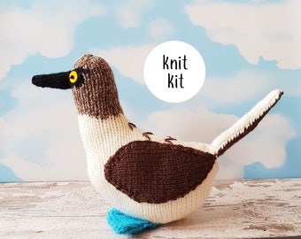 Blue footed Booby knit kit - cute bird knit kit, knitting pattern, yarn and button badge! Perfect knitting gift