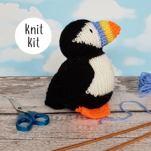 Puffin knit kit - all you need to knit a cute puffin - Barry the Puffin knitting kit gift - birb button badge and printed knitting pattern!