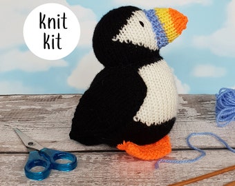 Puffin knit kit - all you need to knit a cute puffin - Barry the Puffin knitting kit gift - birb button badge and printed knitting pattern!