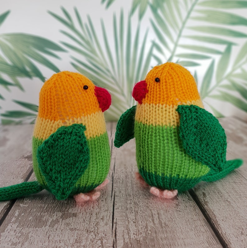 Two knitted lovebirds facing each other on a table. There is tropical fern wallpaper in the background.