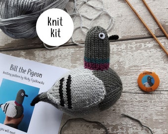 Pigeon knit kit - all you need to knit a cute pigeon - Bill the Pigeon knitting kit gift -birb button badge and printed knitting pattern!