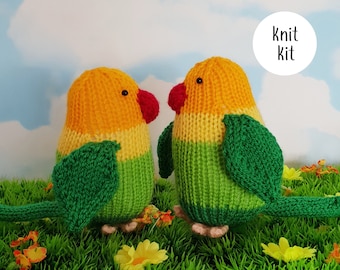 Lovebirds knit kit - cute love birds knitting kit with button badge - Lucy and Larry the love birds knitting gift!