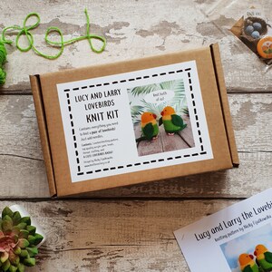 A knitting kit for two lovebirds. It is in a gift box with yarn and a knitting pattern sitting beside it on a table.