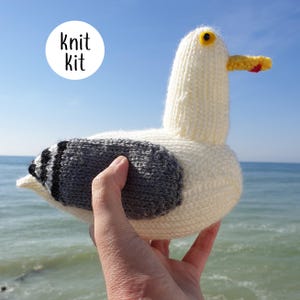 Big Jeff the Gull knit kit - seagull knitting pattern kit - knit a cute gull knitting kit gift with free button badge!