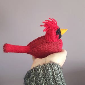May include: A red knitted cardinal bird with a black eye and a yellow beak. The bird is sitting in a hand.