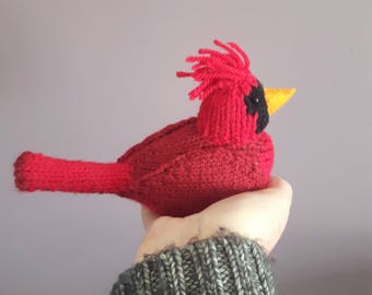 Northern Cardinal knit kit - cute cardinal knit kit with bird knitting pattern, yarn and button badge pin!