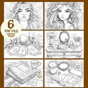 Mystic Muse 6 Coloring Pages | Witchy Woman Line Art for Adults | Spiritual Self-Care Printable PDF for Journaling, Meditation & Relaxation