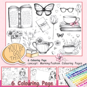 Fashion Girl 6 Coloring Pages | Printable PDF & JPEG | Cozy Book, Coffee, Glasses Theme for Relaxation, Journaling,Art Therapy Fun.Printable