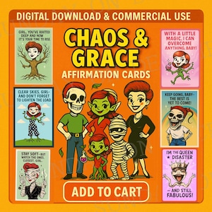 Chaos et grâce 37 cartes d'affirmation | Deck de motivation de style rétro pop art | Téléchargement numérique pour le travail, la vie personnelle, la tenue d'un journal et pour booster la confiance en soi