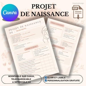 以下が含まれることがあります： 「PROJET DE NAISSANCE」のテキストと「Canva」のロゴが入ったデジタル出産計画テンプレート。個人情報、労働の好み、新生児ケアのセクションが含まれています。デザインは、ベージュとティールのカラースキームで柔らかいです。