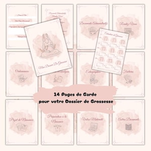 Peut inclure: Ensemble de 14 pages de garde roses et blanches pour documents de grossesse. Chaque page présente un design aquarelle et du texte, dont "Mon Dossier De Grossesse" et "14 Pages de Garde pour votre Dossier de Grossesse".