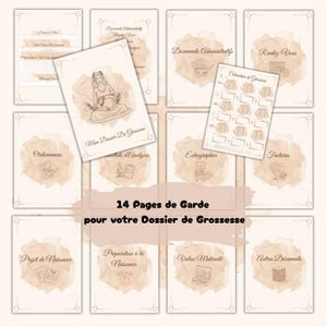 Peut inclure: Ensemble de 14 pages de garde imprimables pour le suivi de grossesse, avec des fonds de style aquarelle. Les pages comprennent des sections pour les rendez-vous, les dossiers médicaux et un projet de naissance. Le texte "Mon Dossier De Grossesse" est visible.