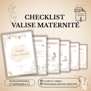 Peut inclure: Un téléchargement numérique intitulé "CHECKLIST VALISE MATERNITÉ" avec une icône PDF. L'image présente une liste de contrôle pour un sac de maternité, avec des illustrations et du texte en français. La conception comprend une silhouette de femme enceinte et des illustrations de lapins.