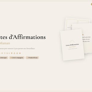 Peut inclure: Cartes crème avec le texte "Cartes d'Affirmations Jeune Maman" et "Livret d'Affirmations" en noir. Les cartes sont empilées sur un fond crème. Le texte "60 Cartes à découper" est également visible.