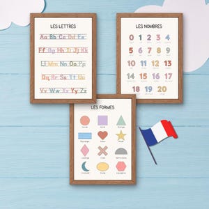 Puede incluir: Tres carteles educativos enmarcados con marcos de madera. Los carteles muestran el alfabeto, los números del 0 al 20 y formas. El texto está en francés. También hay una pequeña bandera francesa.