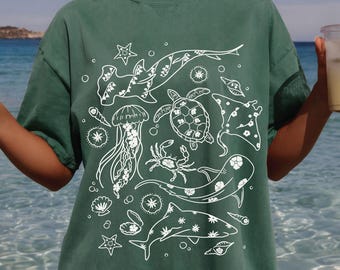 Underwater Sea Animal With Flowers, Beach T-Shirt, Save The Shark, Oversize Tshirt, Lifefulness Ocean Shirt, Shark Flower Shirt, Ocean Shirt