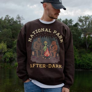 Pode incluir: Uma camisola de gola redonda castanho-escura com uma impress&atilde;o gr&aacute;fica de um Bigfoot, um alien&iacute;gena e um urso sentados &agrave; volta de uma fogueira. O texto "NATIONAL PARK" est&aacute; arqueado acima e "AFTER DARK" impresso abaixo em amarelo.