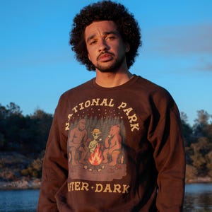 Pode incluir: Uma camisola de gola redonda castanho-escura com uma impress&atilde;o gr&aacute;fica de uma cena de fogueira com um Bigfoot, um alien&iacute;gena com um chap&eacute;u e um urso. O texto "NATIONAL PARK" est&aacute; arqueado acima e "AFTER DARK" est&aacute; impresso abaixo em amarelo.