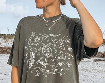 Sea Life With Floral Print, Save The Sharks, 100% Cotton Comfort Colors, Ocean Life Shirt, Ocean Life and Flowers Shirt, Ocean Floral Shirt
