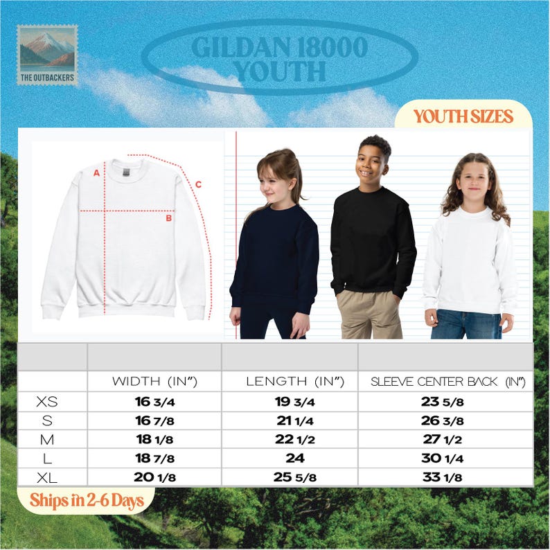 Pode incluir: Uma tabela de tamanhos para moletons juvenis Gildan 18000, apresentando um diagrama de um moletom branco com dimens&otilde;es rotuladas, tr&ecirc;s crian&ccedil;as vestindo moletons azul-marinho, pretos e brancos, e uma tabela com medidas em polegadas.