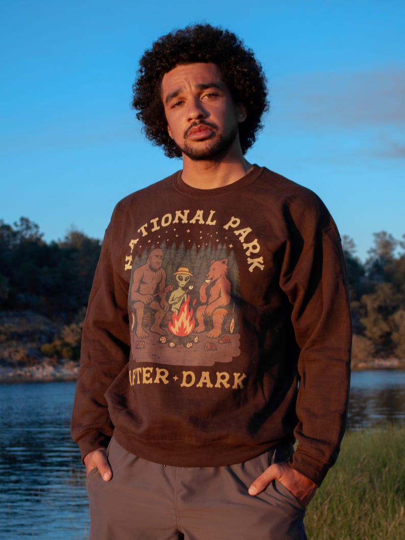 Pode incluir: Uma camisola de gola redonda castanho-escura com uma impress&atilde;o gr&aacute;fica de uma cena de fogueira com um Bigfoot, um alien&iacute;gena com um chap&eacute;u e um urso. O texto "NATIONAL PARK" est&aacute; arqueado acima e "AFTER DARK" est&aacute; impresso abaixo em amarelo.