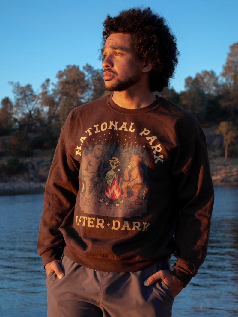 Pode incluir: Uma camisola de manga comprida e gola redonda em castanho escuro com uma impress&atilde;o gr&aacute;fica de Bigfoot, um alien&iacute;gena e um urso a assar marshmallows numa fogueira. O texto "NATIONAL PARK" est&aacute; arqueado acima e "AFTER DARK" abaixo.