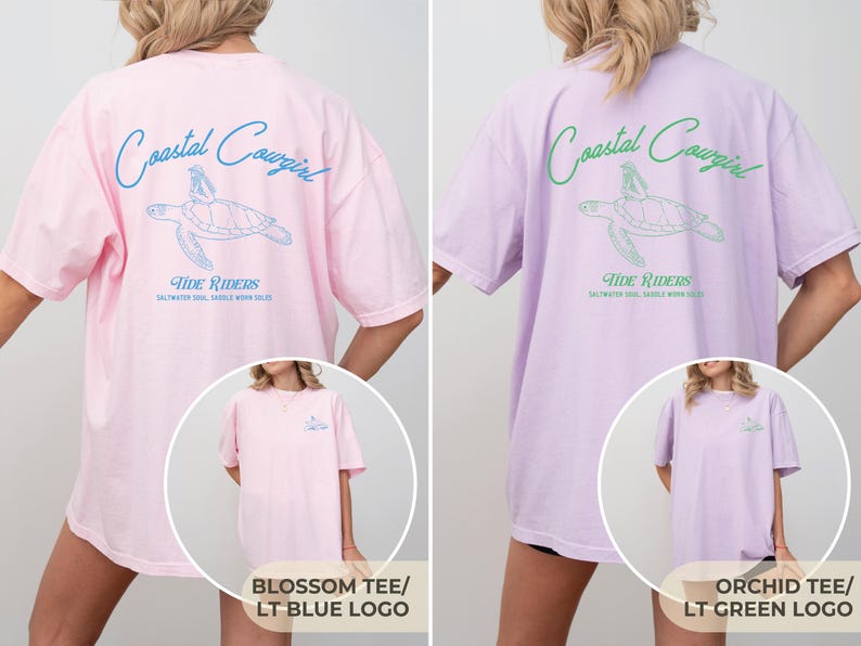 May include: Two oversized t-shirts with a sea turtle graphic and the text "Coastal Cowgirl" and "Tide Riders" printed on the back. The left shirt is pink with a light blue graphic and the right shirt is lavender with a light green graphic.