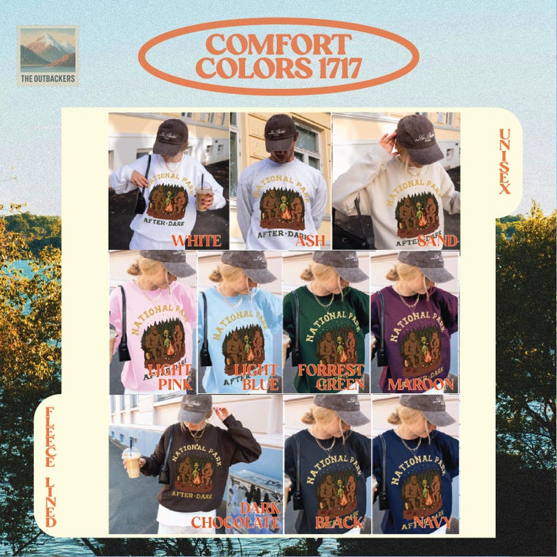 Pode incluir: Uma cole&ccedil;&atilde;o de camisolas unisexo Comfort Colors 1717 em v&aacute;rias cores, incluindo branco, cinza, areia, rosa claro, azul claro, verde floresta, bordeaux, preto e azul marinho. Cada camisola apresenta uma impress&atilde;o gr&aacute;fica National Park After Dark.