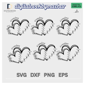 Diseños personalizados de camisetas de Nana para Cricut. Incluye nombres de nietos personalizados en formatos SVG/PNG.