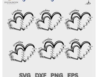 Custom Grandchildren Name Heart SVG Bundle, Personalized Grandmother Digital Cut File for Cricut