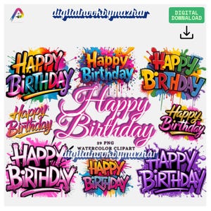 29 imágenes prediseñadas de feliz cumpleaños, imágenes de feliz cumpleaños, paquete de arte de palabras de celebración, tarjetas de cumpleaños, imágenes prediseñadas de globos, descarga digital