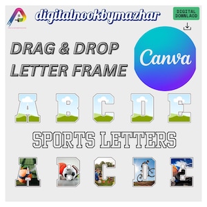 May include: Digital design elements featuring letter frames and sports letters. The image includes the text "Drag & Drop Letter Frame" and "Sports Letters". The letters A, B, C, D, and E are displayed with various backgrounds and sports imagery.