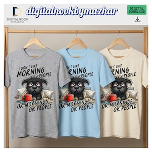 以下が含まれることがあります： グレー、ライトブルー、クリーム色の3枚のTシャツ。それぞれにユーモラスなグラフィックが施されています。デザインは、赤いマグカップを持った眠そうな黒い犬が特徴で、テキストは「私は朝や人が嫌いです」と書かれています。