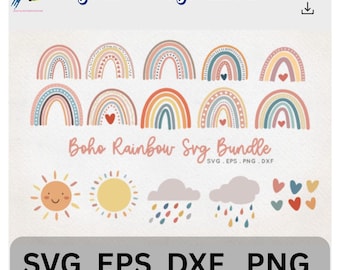 May include: A digital download graphic featuring a Boho Rainbow SVG Bundle. The design includes colorful rainbows, suns, clouds with rain, and hearts. The file formats are SVG, EPS, DXF, and PNG. The text "digitalnookbymazhar" is at the top.