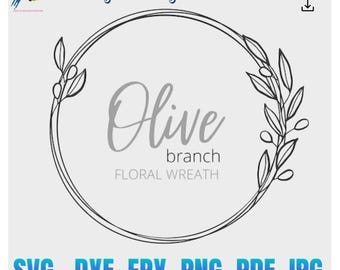 May include: Black and white line art illustration of an olive branch wreath with the text "Olive branch floral wreath".